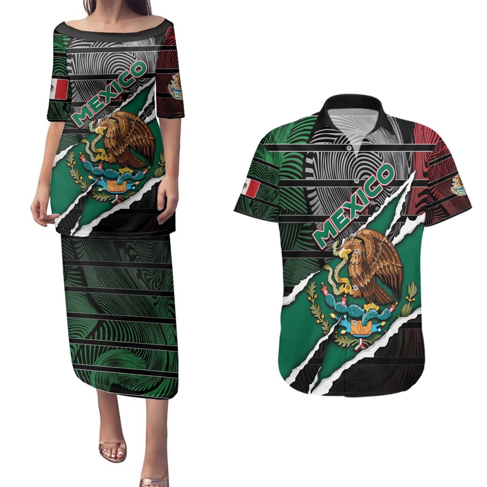 Personalized Mexico Couples Matching Puletasi and Hawaiian Shirt Mexican Patriotic Eagle Emblem - Fierce National Pride - Wonder Print Shop