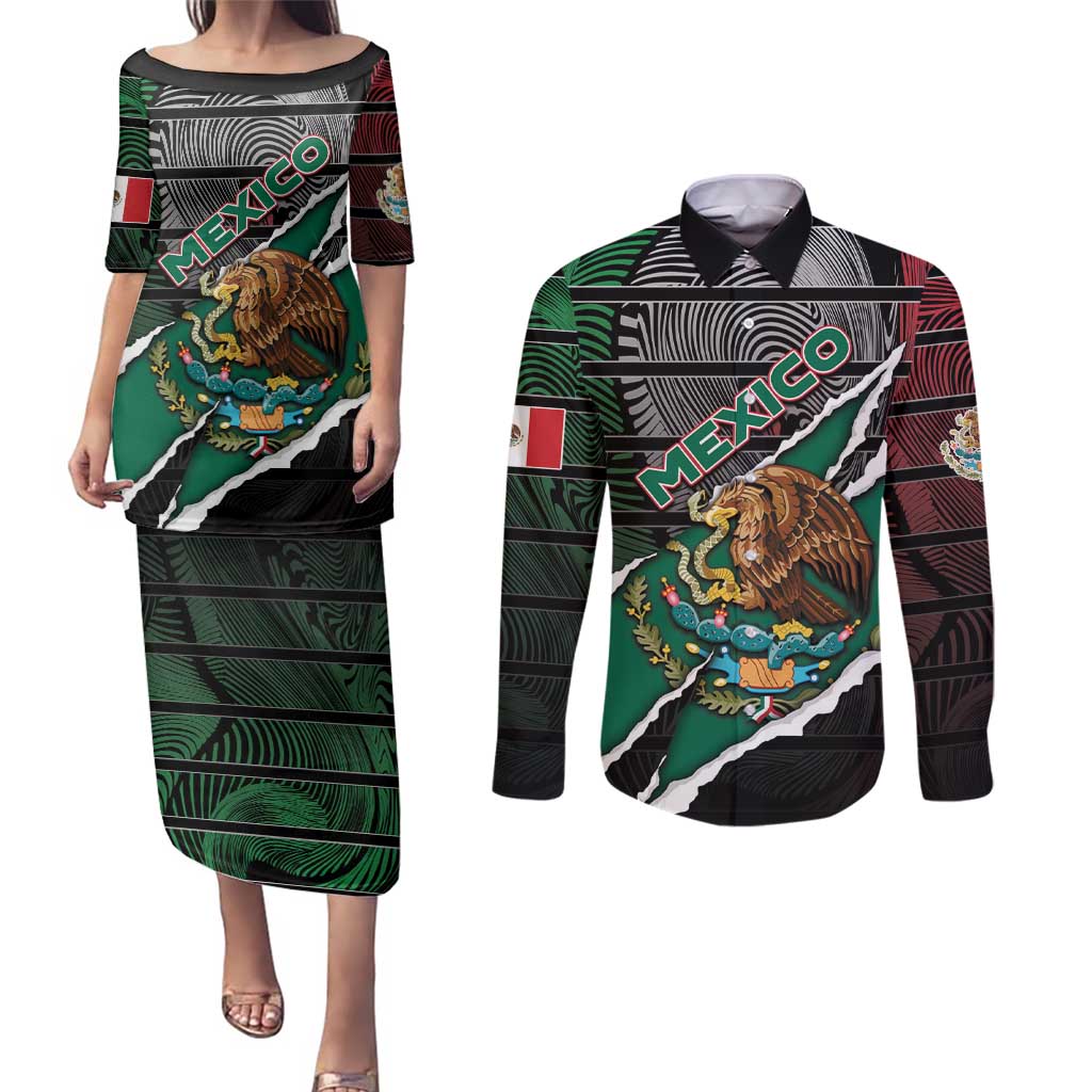 Personalized Mexico Couples Matching Puletasi and Long Sleeve Button Shirt Mexican Patriotic Eagle Emblem - Fierce National Pride - Wonder Print Shop