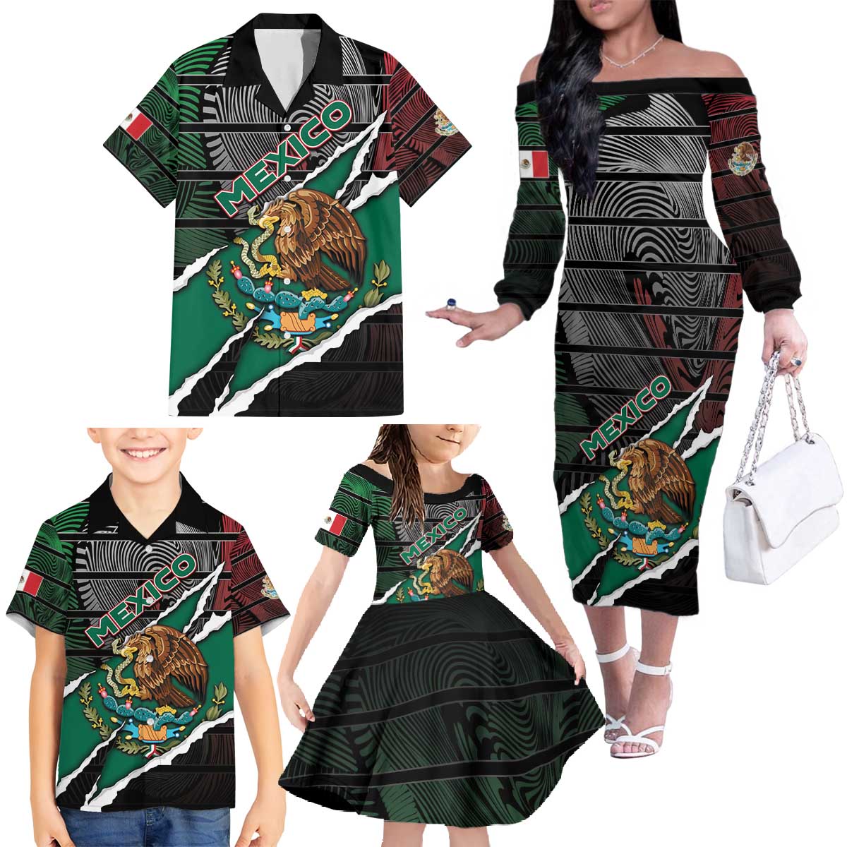 Personalized Mexico Family Matching Off The Shoulder Long Sleeve Dress and Hawaiian Shirt Mexican Patriotic Eagle Emblem - Fierce National Pride - Wonder Print Shop