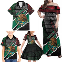 Personalized Mexico Family Matching Off Shoulder Maxi Dress and Hawaiian Shirt Mexican Patriotic Eagle Emblem - Fierce National Pride - Wonder Print Shop