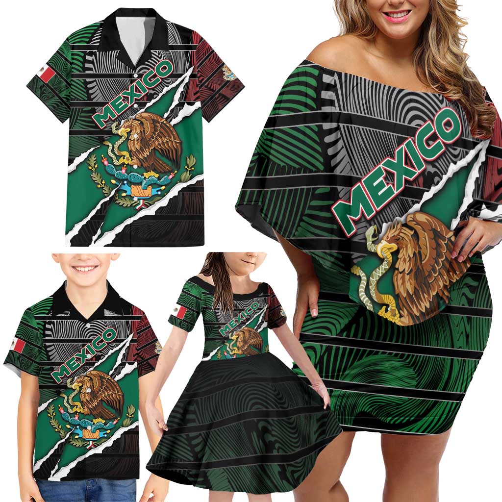 Personalized Mexico Family Matching Off Shoulder Short Dress and Hawaiian Shirt Mexican Patriotic Eagle Emblem - Fierce National Pride - Wonder Print Shop