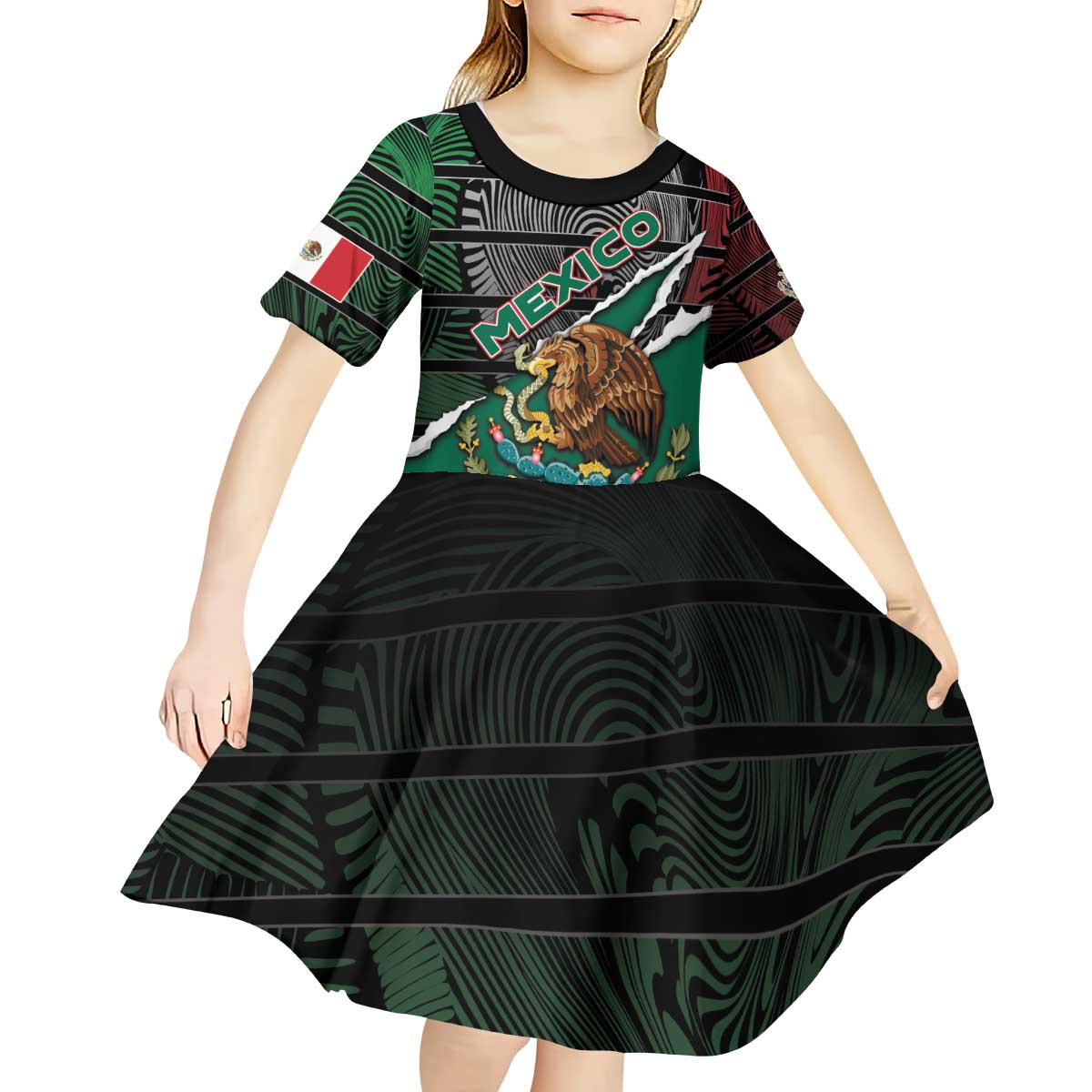 Personalized Mexico Kid Short Sleeve Dress Mexican Patriotic Eagle Emblem - Fierce National Pride - Wonder Print Shop