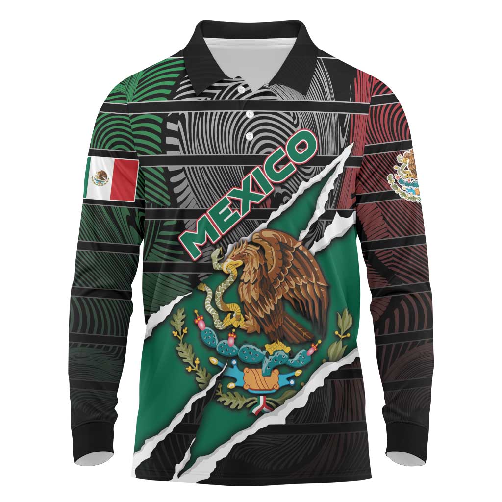 Personalized Mexico Long Sleeve Polo Shirt Mexican Patriotic Eagle Emblem - Fierce National Pride - Wonder Print Shop