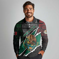 Personalized Mexico Long Sleeve Polo Shirt Mexican Patriotic Eagle Emblem - Fierce National Pride - Wonder Print Shop