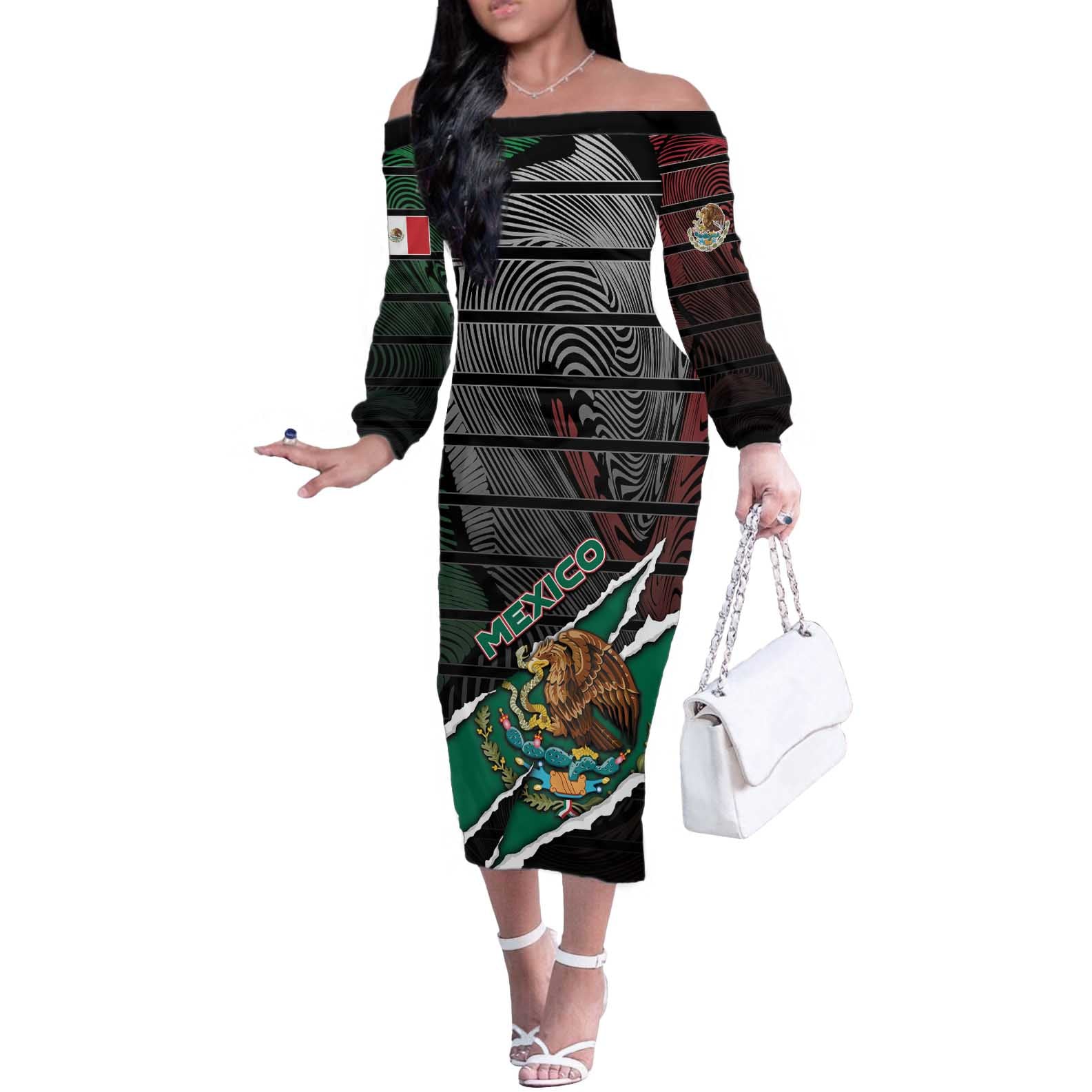 Personalized Mexico Off The Shoulder Long Sleeve Dress Mexican Patriotic Eagle Emblem - Fierce National Pride - Wonder Print Shop