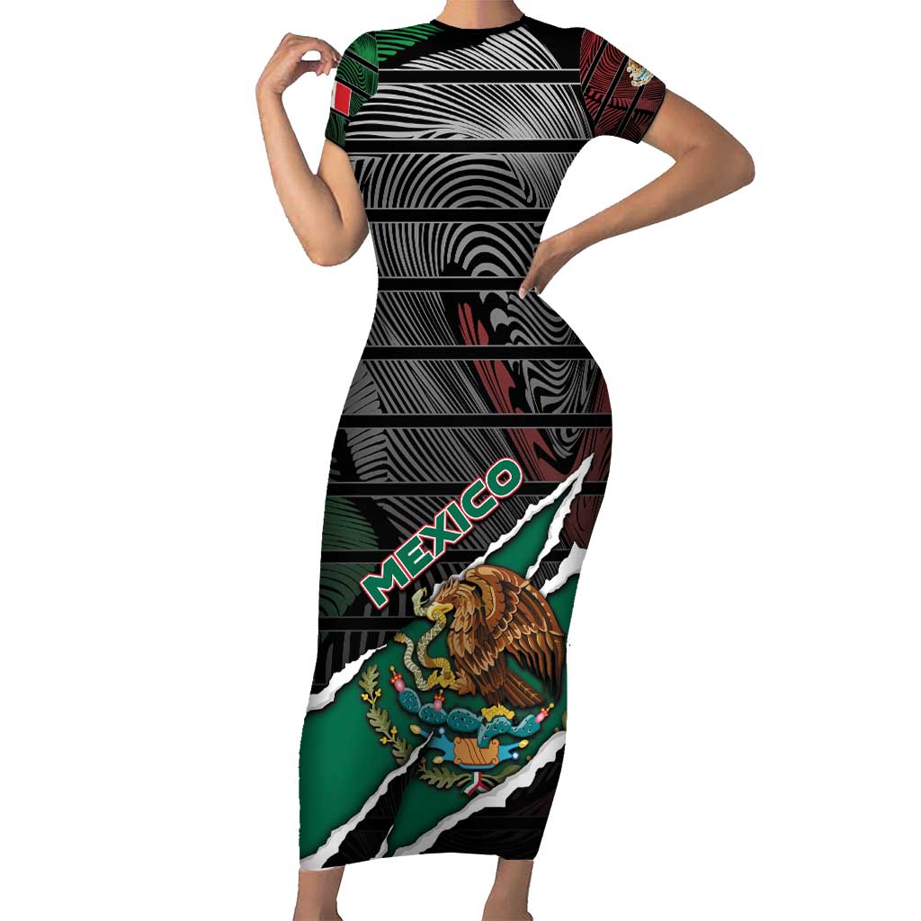 Personalized Mexico Short Sleeve Bodycon Dress Mexican Patriotic Eagle Emblem - Fierce National Pride - Wonder Print Shop