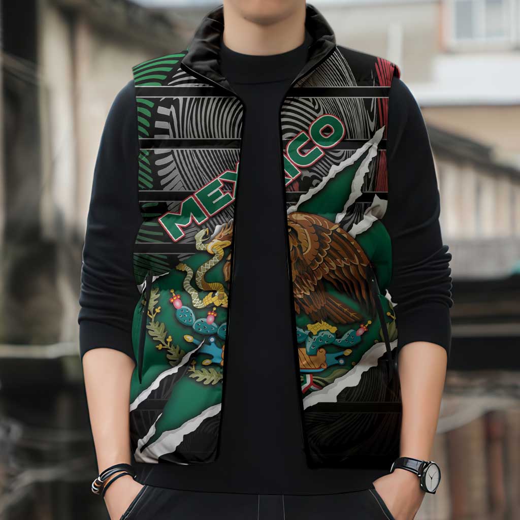 Personalized Mexico Sleeveless Puffer Jacket Mexican Patriotic Eagle Emblem - Fierce National Pride - Wonder Print Shop