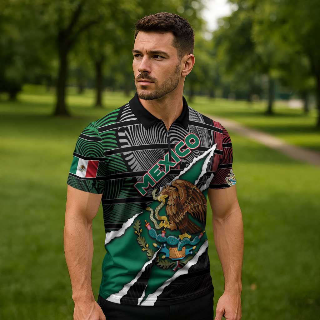 Personalized Mexico Zipper Polo Shirt Mexican Patriotic Eagle Emblem - Fierce National Pride - Wonder Print Shop