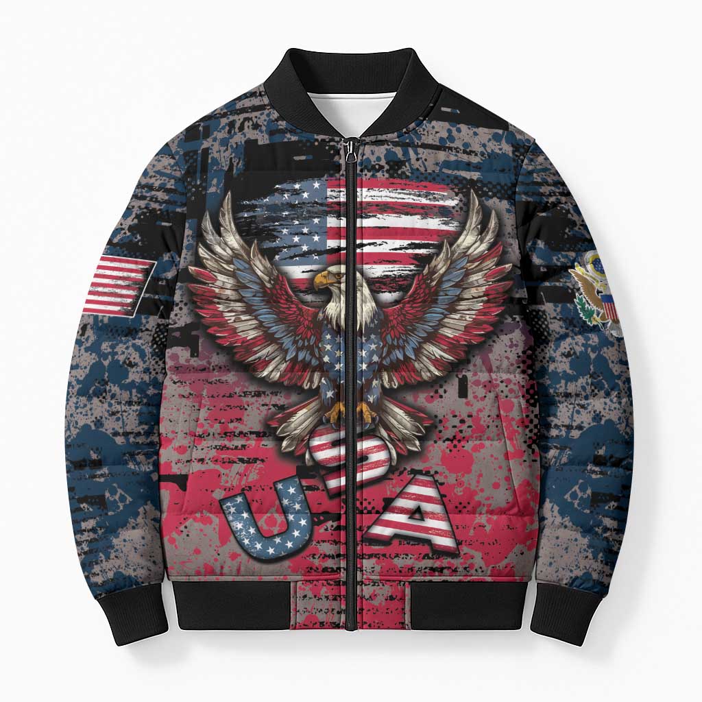 Personalized Patriotic Rebel American Bomber Puffer Jacket Grunge USA Eagle Flag - Wonder Print Shop