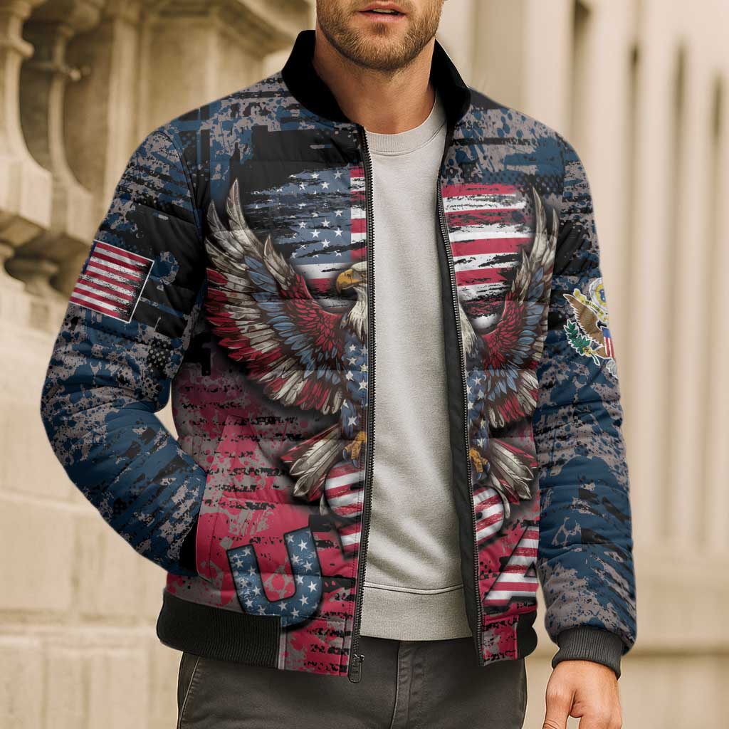 Personalized Patriotic Rebel American Bomber Puffer Jacket Grunge USA Eagle Flag - Wonder Print Shop