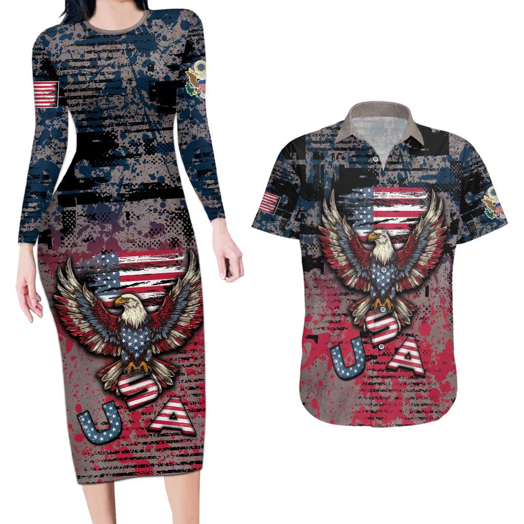 Personalized Patriotic Rebel American Couples Matching Long Sleeve Bodycon Dress and Hawaiian Shirt Grunge USA Eagle Flag - Wonder Print Shop