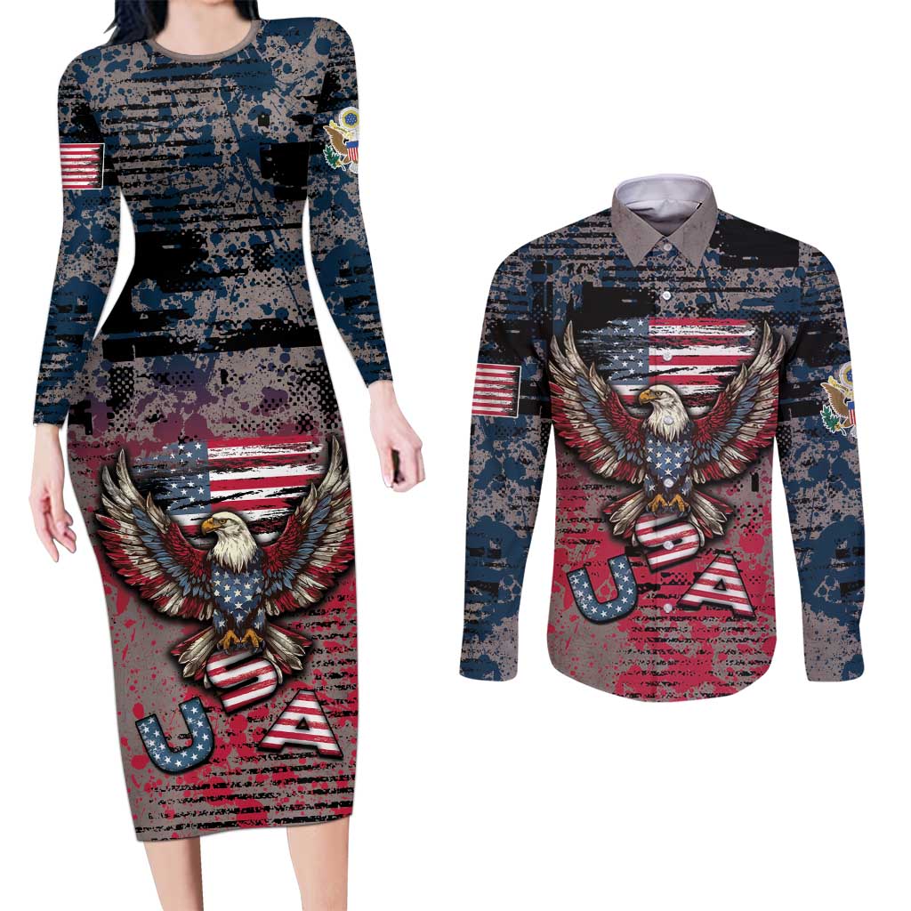 Personalized Patriotic Rebel American Couples Matching Long Sleeve Bodycon Dress and Long Sleeve Button Shirt Grunge USA Eagle Flag - Wonder Print Shop