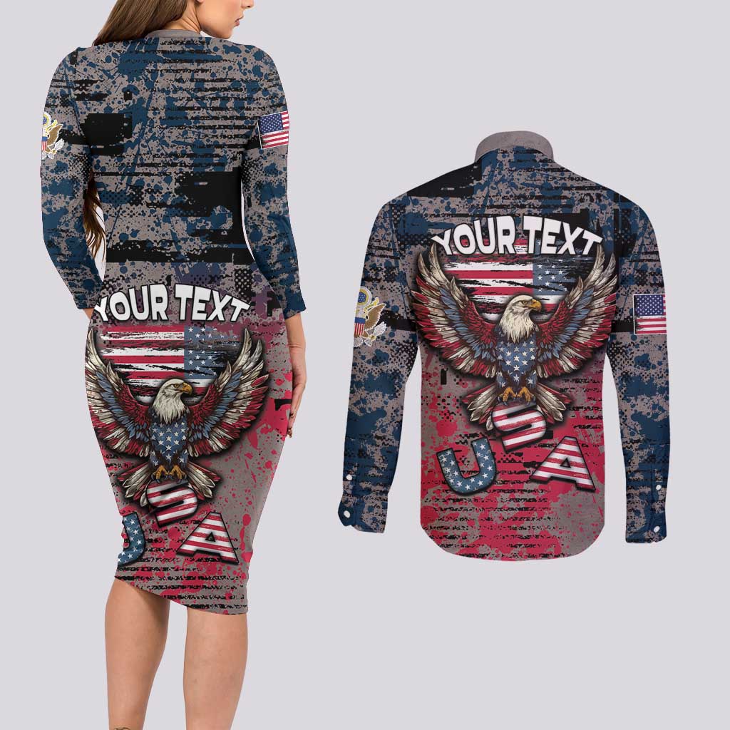 Personalized Patriotic Rebel American Couples Matching Long Sleeve Bodycon Dress and Long Sleeve Button Shirt Grunge USA Eagle Flag - Wonder Print Shop