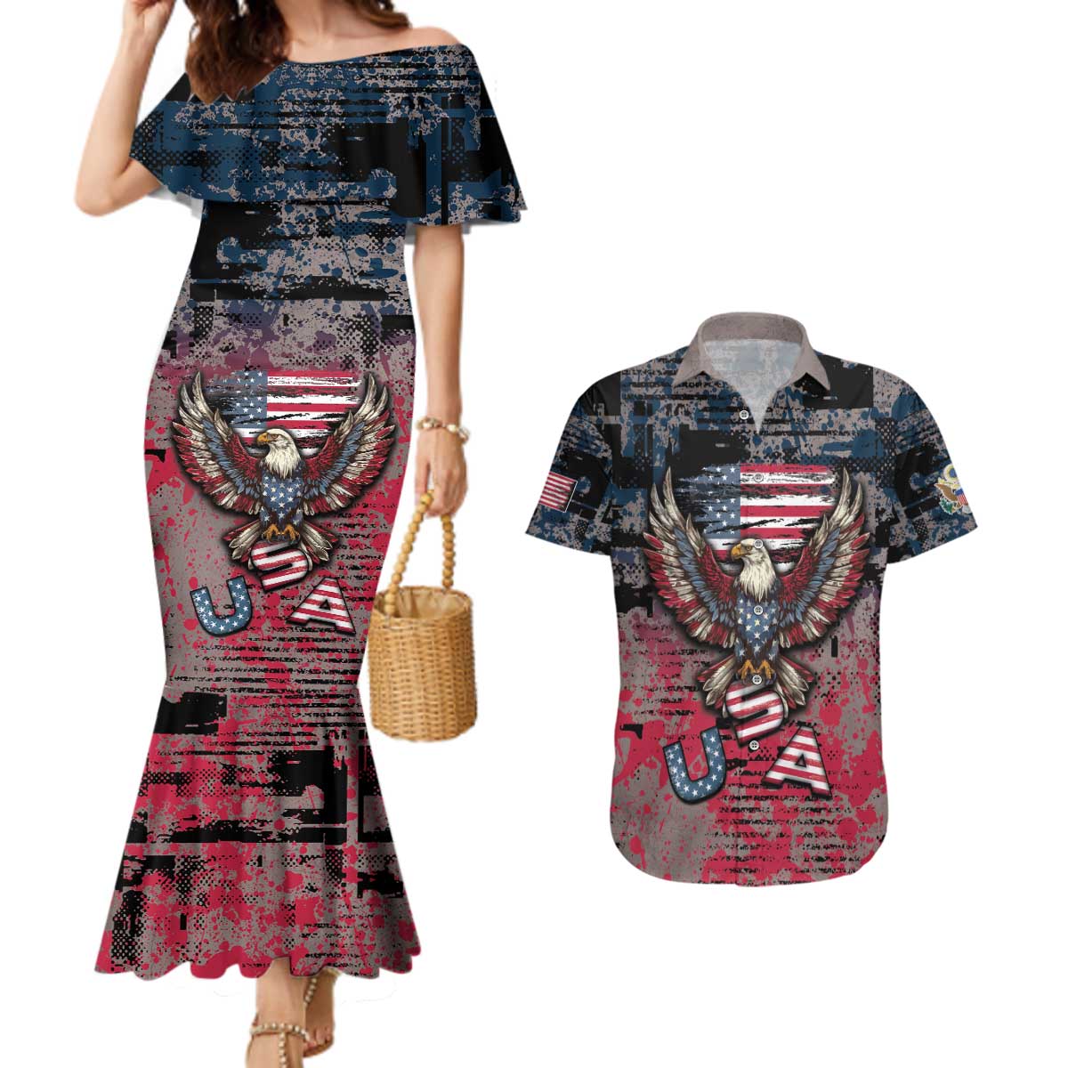 Personalized Patriotic Rebel American Couples Matching Mermaid Dress and Hawaiian Shirt Grunge USA Eagle Flag - Wonder Print Shop