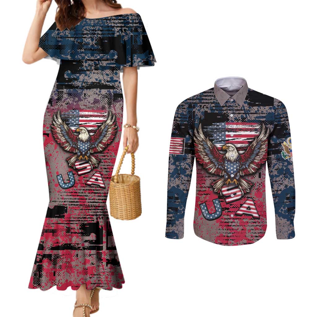 Personalized Patriotic Rebel American Couples Matching Mermaid Dress and Long Sleeve Button Shirt Grunge USA Eagle Flag - Wonder Print Shop