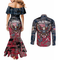 Personalized Patriotic Rebel American Couples Matching Mermaid Dress and Long Sleeve Button Shirt Grunge USA Eagle Flag - Wonder Print Shop