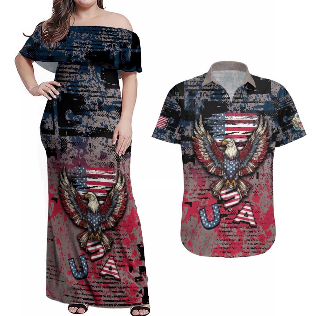 Personalized Patriotic Rebel American Couples Matching Off Shoulder Maxi Dress and Hawaiian Shirt Grunge USA Eagle Flag - Wonder Print Shop