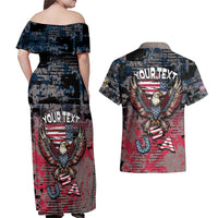 Personalized Patriotic Rebel American Couples Matching Off Shoulder Maxi Dress and Hawaiian Shirt Grunge USA Eagle Flag - Wonder Print Shop