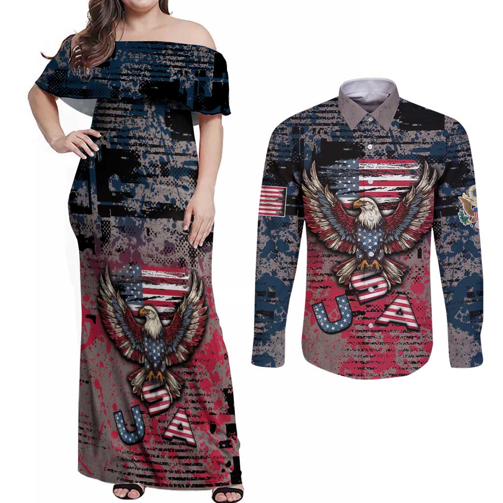 Personalized Patriotic Rebel American Couples Matching Off Shoulder Maxi Dress and Long Sleeve Button Shirt Grunge USA Eagle Flag - Wonder Print Shop