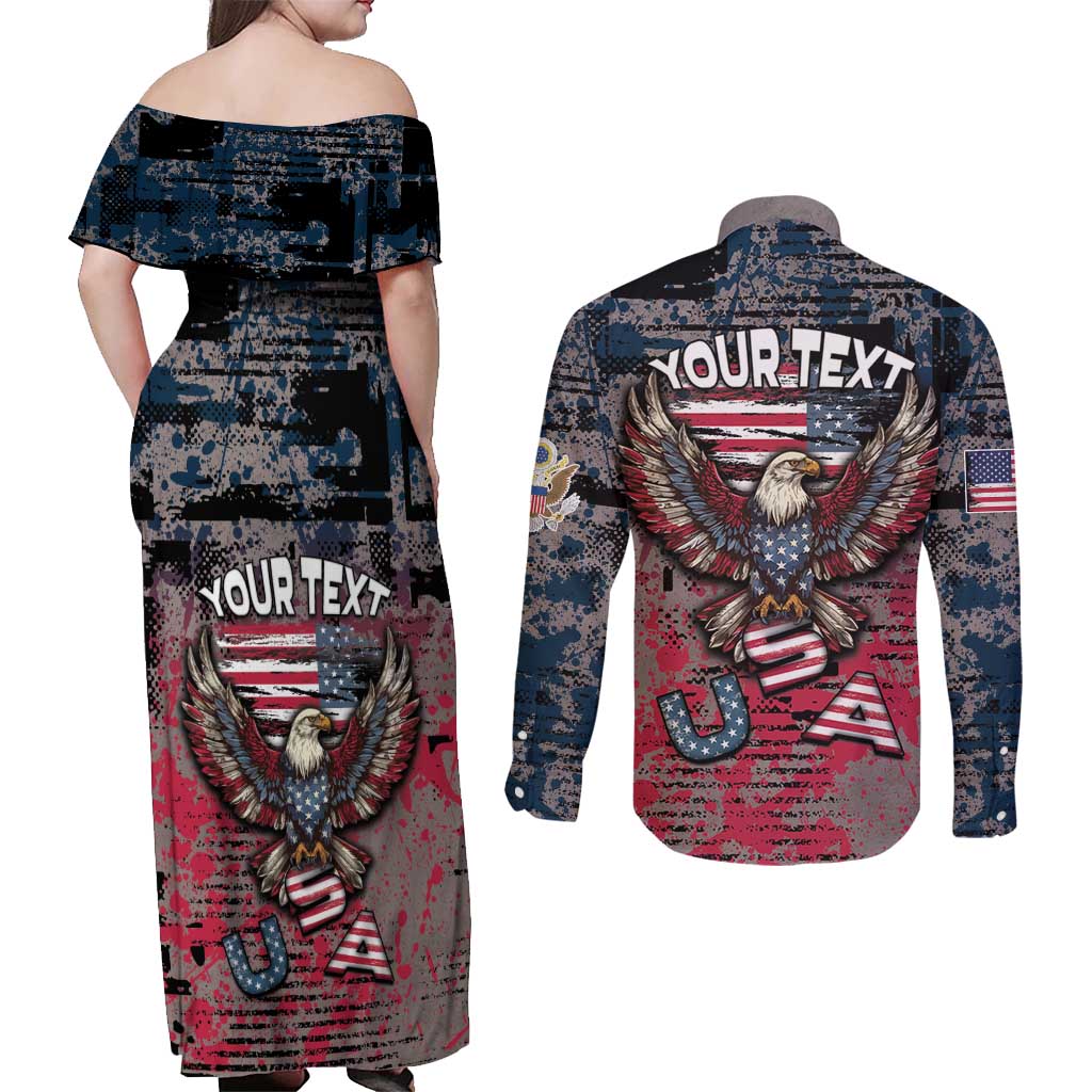 Personalized Patriotic Rebel American Couples Matching Off Shoulder Maxi Dress and Long Sleeve Button Shirt Grunge USA Eagle Flag - Wonder Print Shop