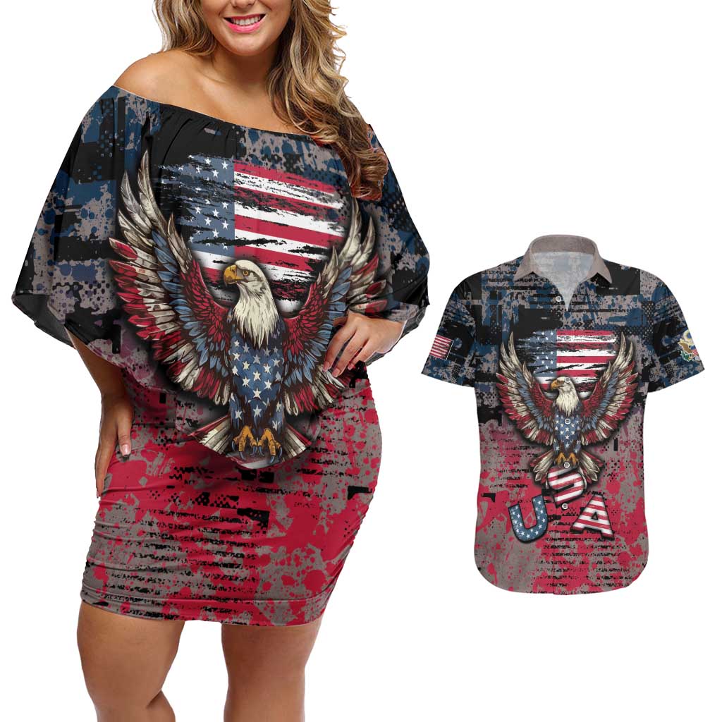 Personalized Patriotic Rebel American Couples Matching Off Shoulder Short Dress and Hawaiian Shirt Grunge USA Eagle Flag - Wonder Print Shop