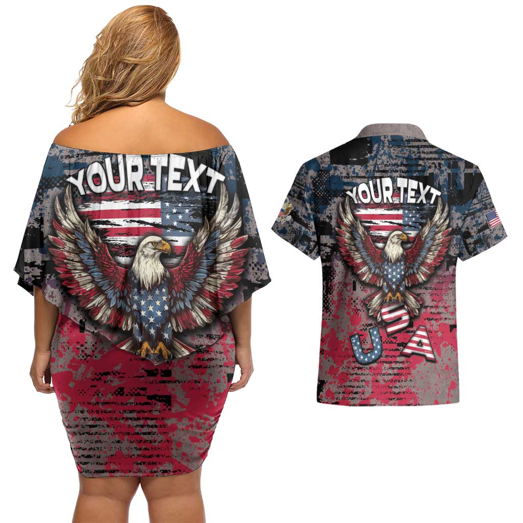 Personalized Patriotic Rebel American Couples Matching Off Shoulder Short Dress and Hawaiian Shirt Grunge USA Eagle Flag - Wonder Print Shop