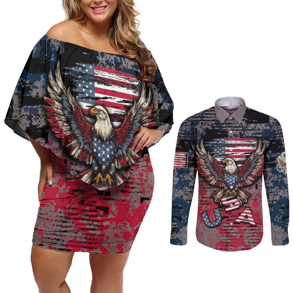 Personalized Patriotic Rebel American Couples Matching Off Shoulder Short Dress and Long Sleeve Button Shirt Grunge USA Eagle Flag - Wonder Print Shop