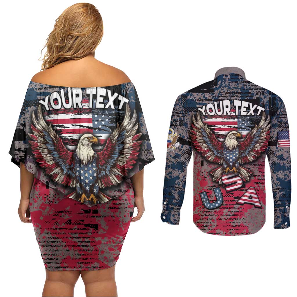 Personalized Patriotic Rebel American Couples Matching Off Shoulder Short Dress and Long Sleeve Button Shirt Grunge USA Eagle Flag - Wonder Print Shop
