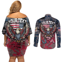 Personalized Patriotic Rebel American Couples Matching Off Shoulder Short Dress and Long Sleeve Button Shirt Grunge USA Eagle Flag - Wonder Print Shop