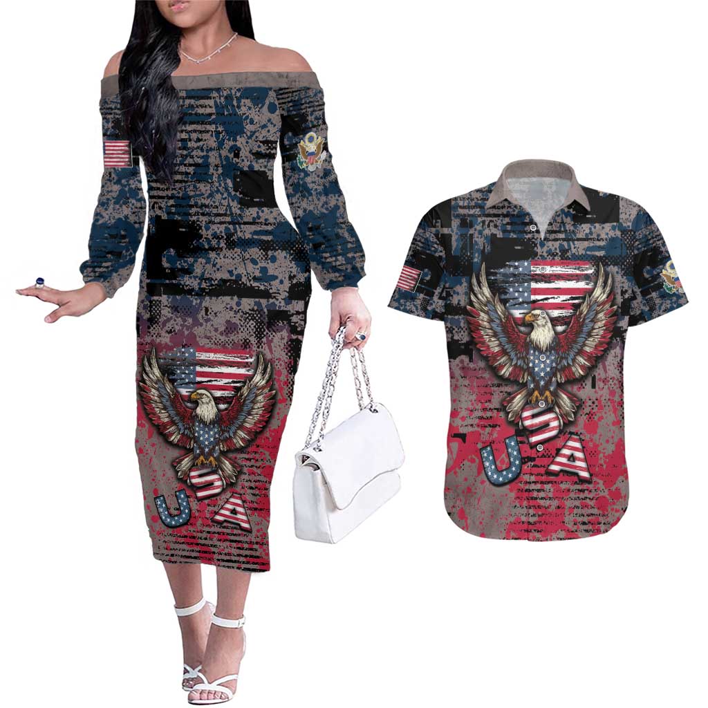 Personalized Patriotic Rebel American Couples Matching Off The Shoulder Long Sleeve Dress and Hawaiian Shirt Grunge USA Eagle Flag - Wonder Print Shop