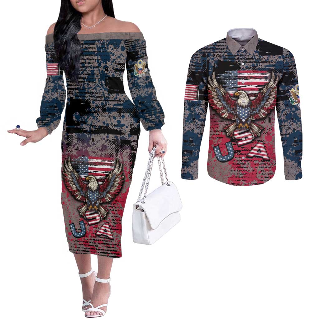 Personalized Patriotic Rebel American Couples Matching Off The Shoulder Long Sleeve Dress and Long Sleeve Button Shirt Grunge USA Eagle Flag - Wonder Print Shop