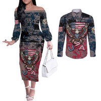 Personalized Patriotic Rebel American Couples Matching Off The Shoulder Long Sleeve Dress and Long Sleeve Button Shirt Grunge USA Eagle Flag - Wonder Print Shop