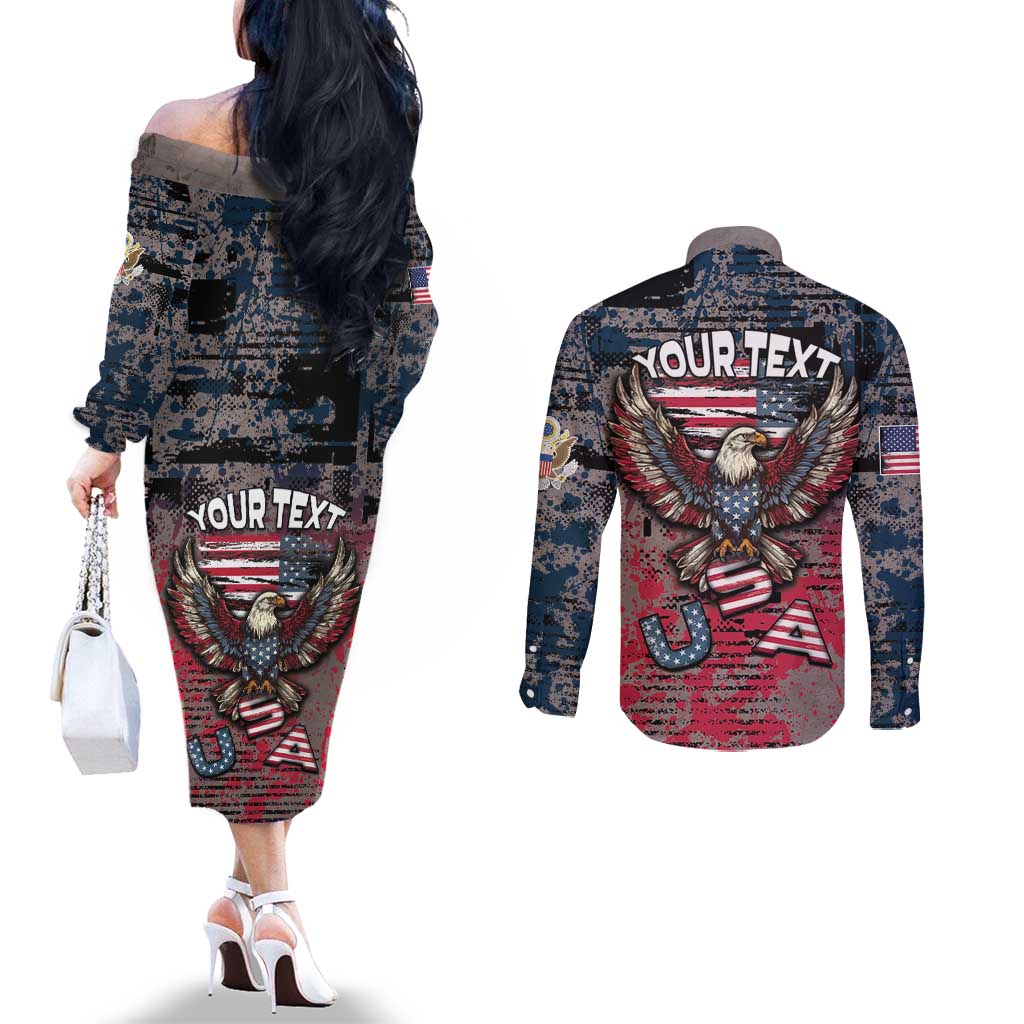Personalized Patriotic Rebel American Couples Matching Off The Shoulder Long Sleeve Dress and Long Sleeve Button Shirt Grunge USA Eagle Flag - Wonder Print Shop
