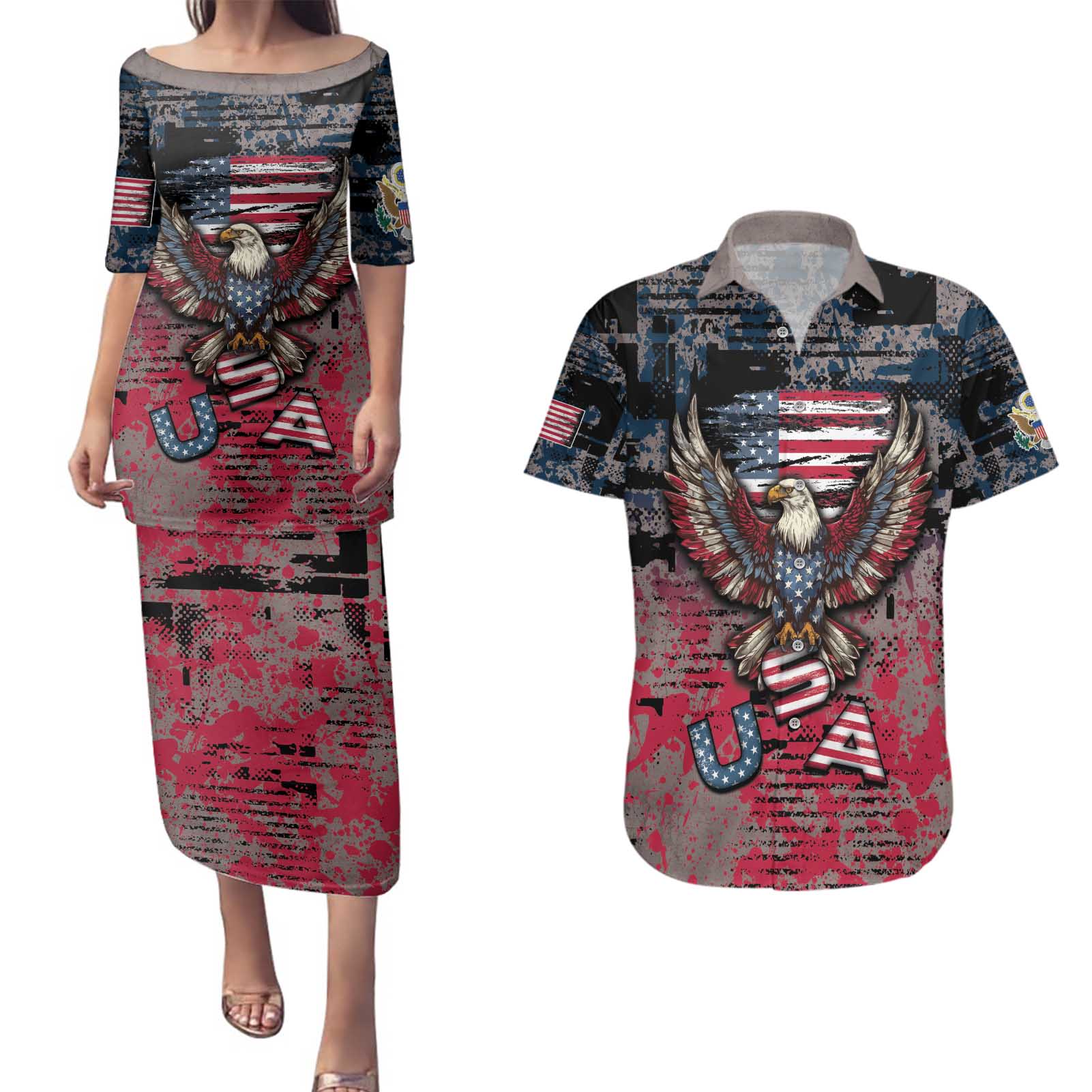Personalized Patriotic Rebel American Couples Matching Puletasi and Hawaiian Shirt Grunge USA Eagle Flag - Wonder Print Shop