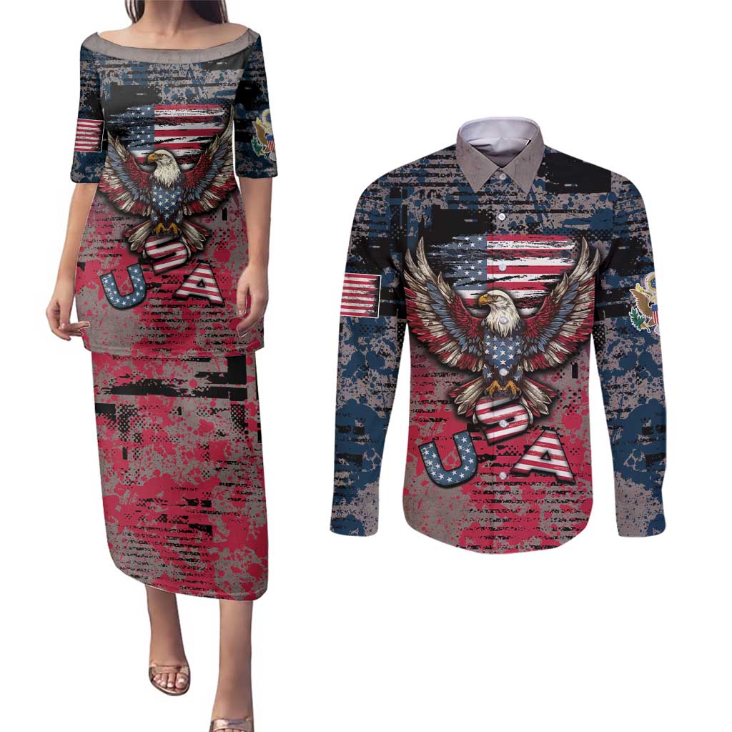 Personalized Patriotic Rebel American Couples Matching Puletasi and Long Sleeve Button Shirt Grunge USA Eagle Flag - Wonder Print Shop