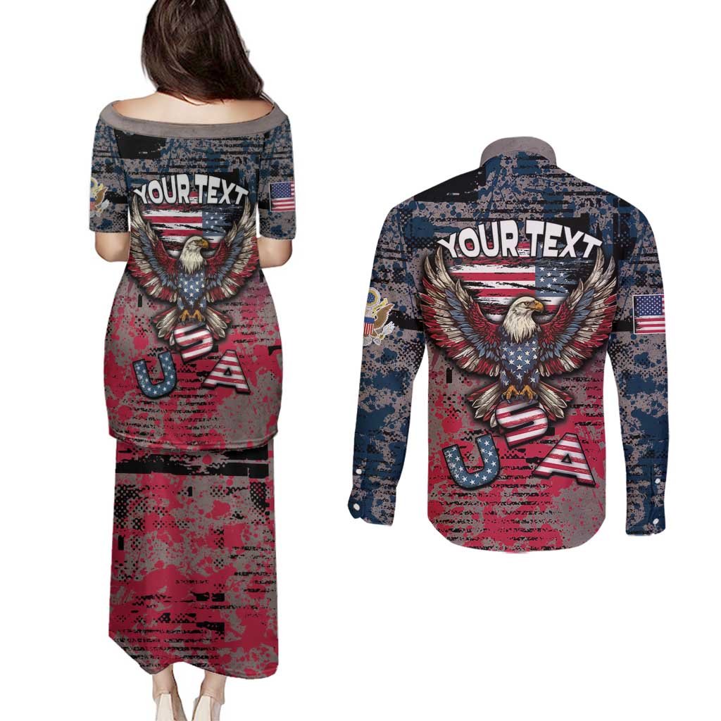 Personalized Patriotic Rebel American Couples Matching Puletasi and Long Sleeve Button Shirt Grunge USA Eagle Flag - Wonder Print Shop