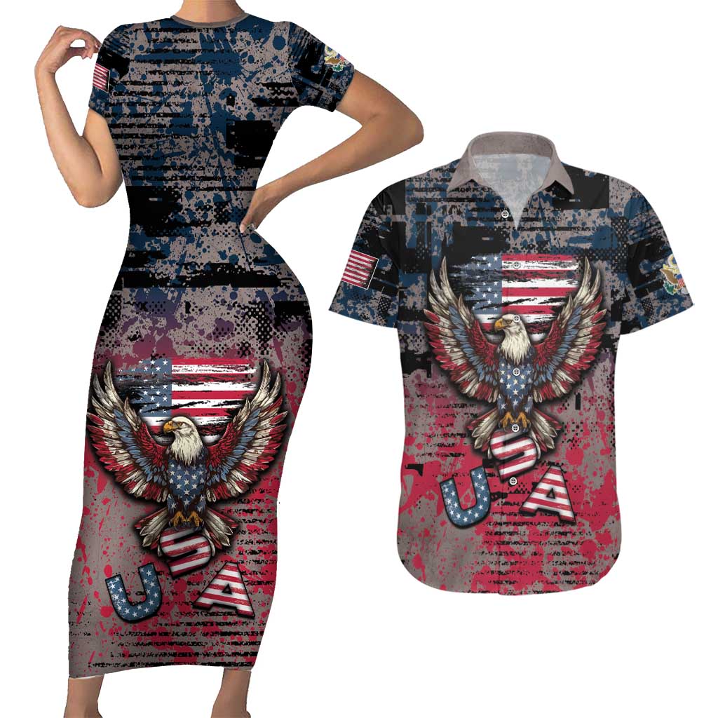 Personalized Patriotic Rebel American Couples Matching Short Sleeve Bodycon Dress and Hawaiian Shirt Grunge USA Eagle Flag - Wonder Print Shop