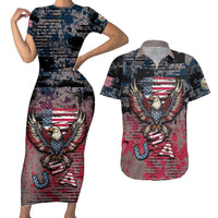 Personalized Patriotic Rebel American Couples Matching Short Sleeve Bodycon Dress and Hawaiian Shirt Grunge USA Eagle Flag - Wonder Print Shop