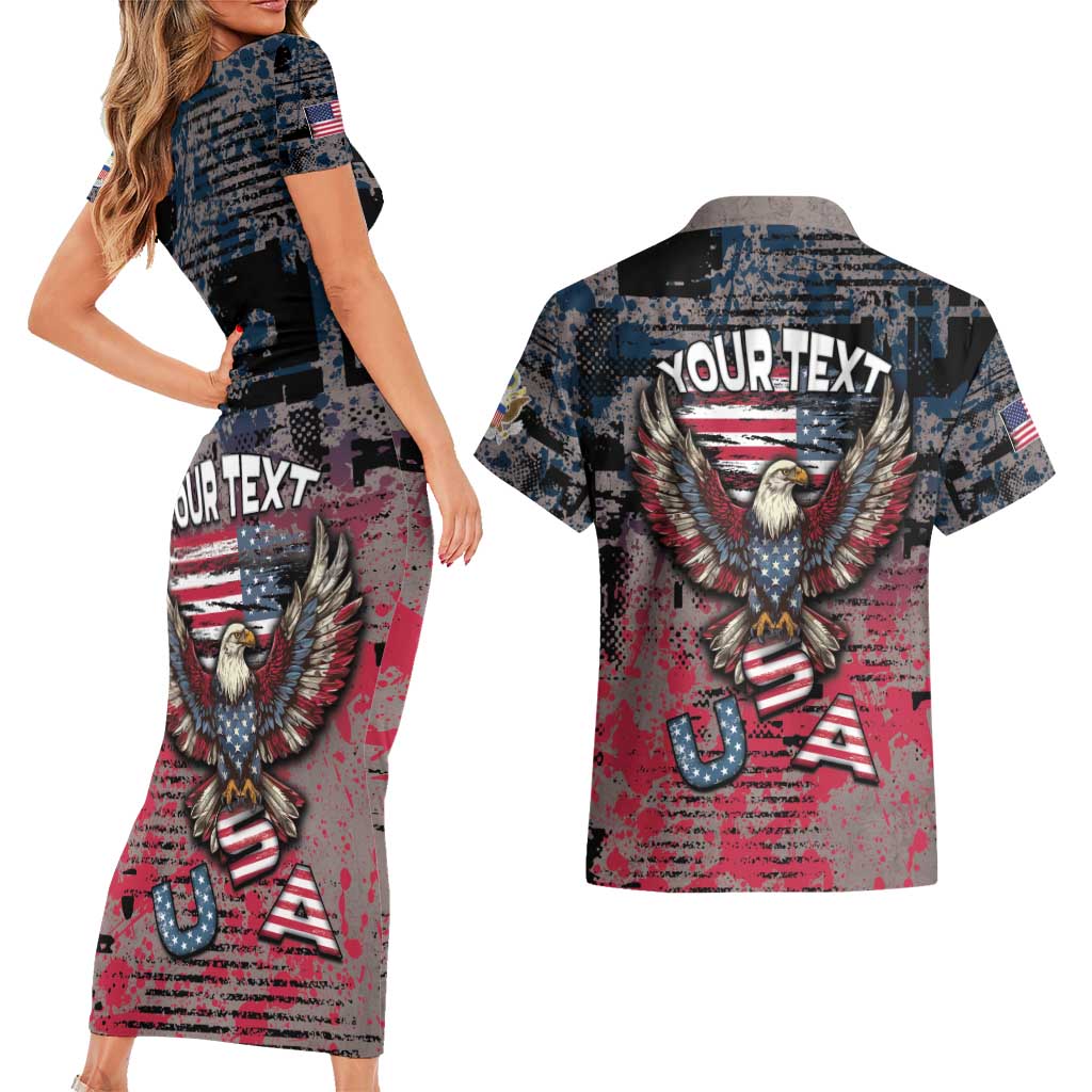 Personalized Patriotic Rebel American Couples Matching Short Sleeve Bodycon Dress and Hawaiian Shirt Grunge USA Eagle Flag - Wonder Print Shop