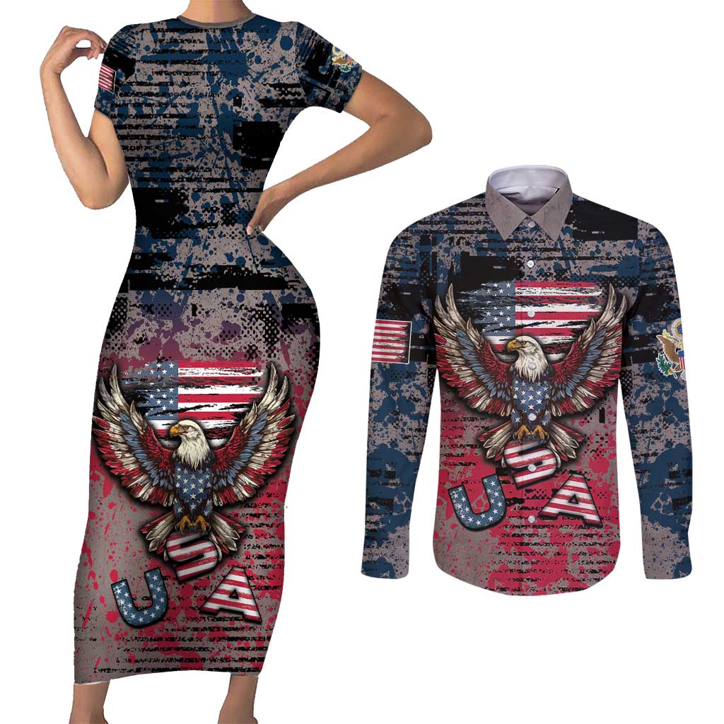 Personalized Patriotic Rebel American Couples Matching Short Sleeve Bodycon Dress and Long Sleeve Button Shirt Grunge USA Eagle Flag - Wonder Print Shop