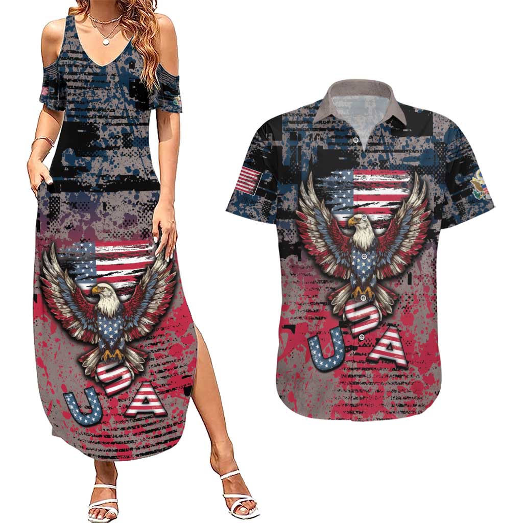 Personalized Patriotic Rebel American Couples Matching Summer Maxi Dress and Hawaiian Shirt Grunge USA Eagle Flag - Wonder Print Shop
