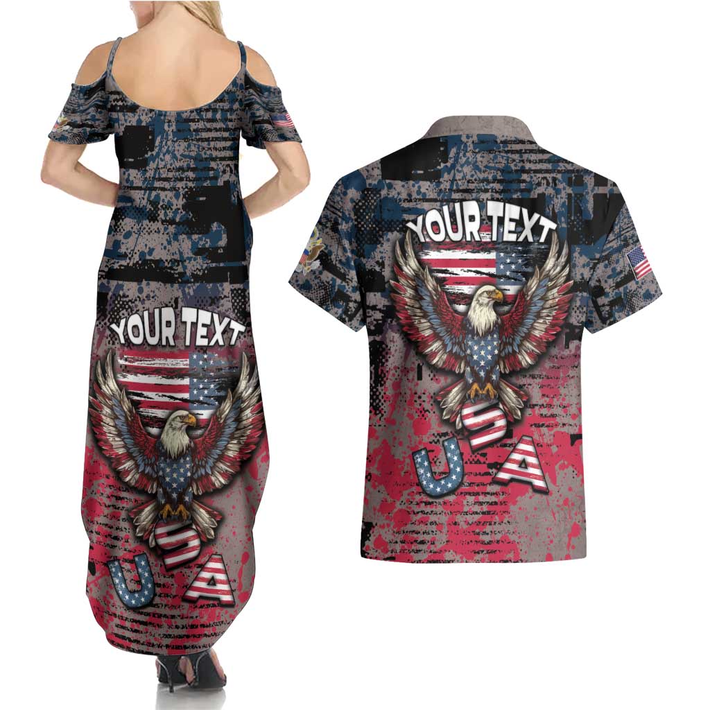 Personalized Patriotic Rebel American Couples Matching Summer Maxi Dress and Hawaiian Shirt Grunge USA Eagle Flag - Wonder Print Shop
