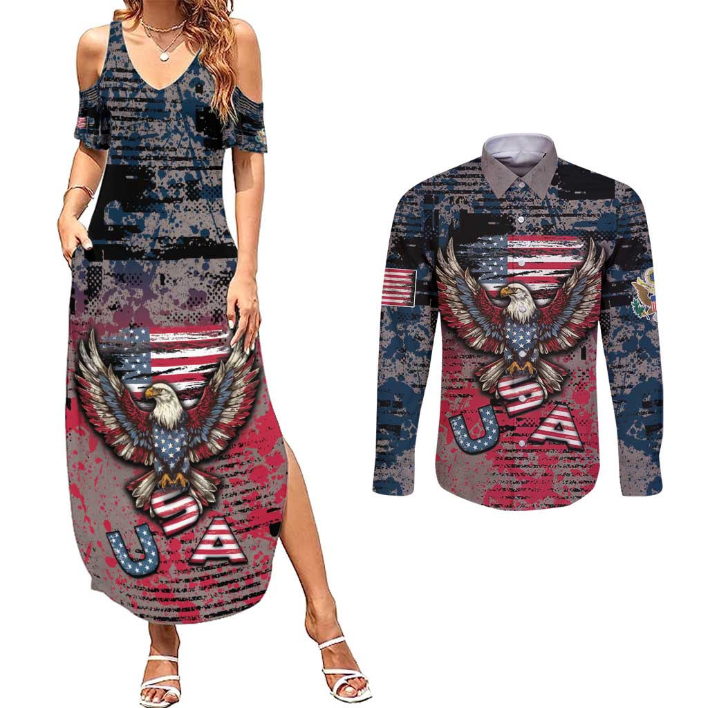 Personalized Patriotic Rebel American Couples Matching Summer Maxi Dress and Long Sleeve Button Shirt Grunge USA Eagle Flag - Wonder Print Shop