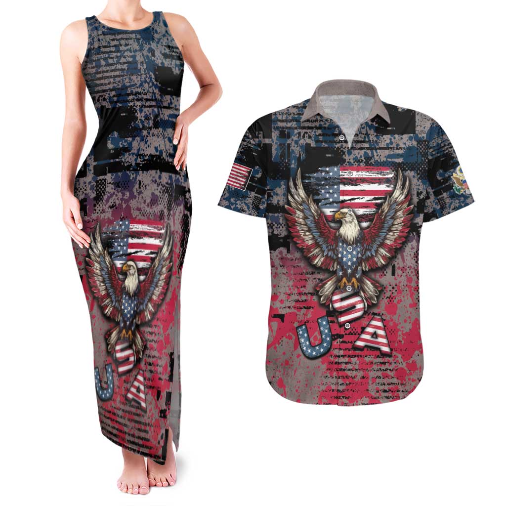 Personalized Patriotic Rebel American Couples Matching Tank Maxi Dress and Hawaiian Shirt Grunge USA Eagle Flag - Wonder Print Shop