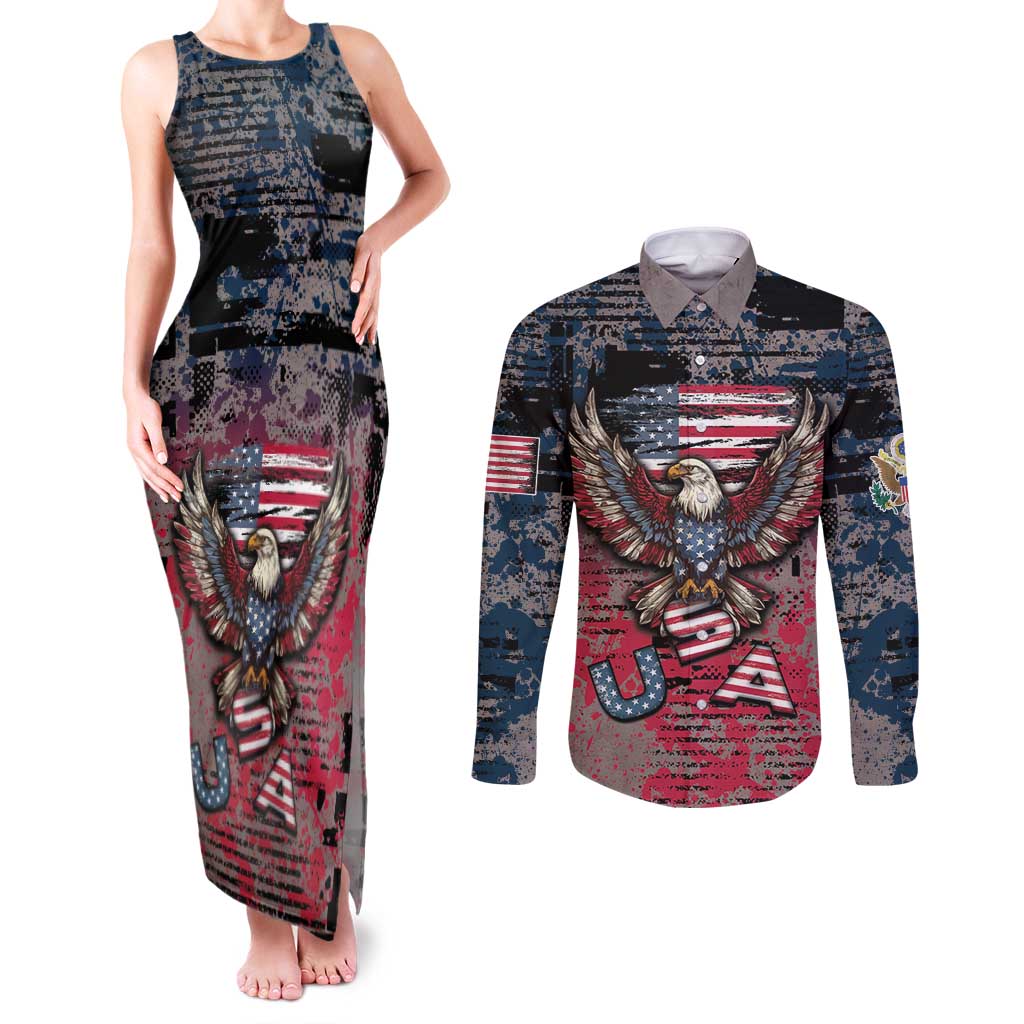 Personalized Patriotic Rebel American Couples Matching Tank Maxi Dress and Long Sleeve Button Shirt Grunge USA Eagle Flag - Wonder Print Shop