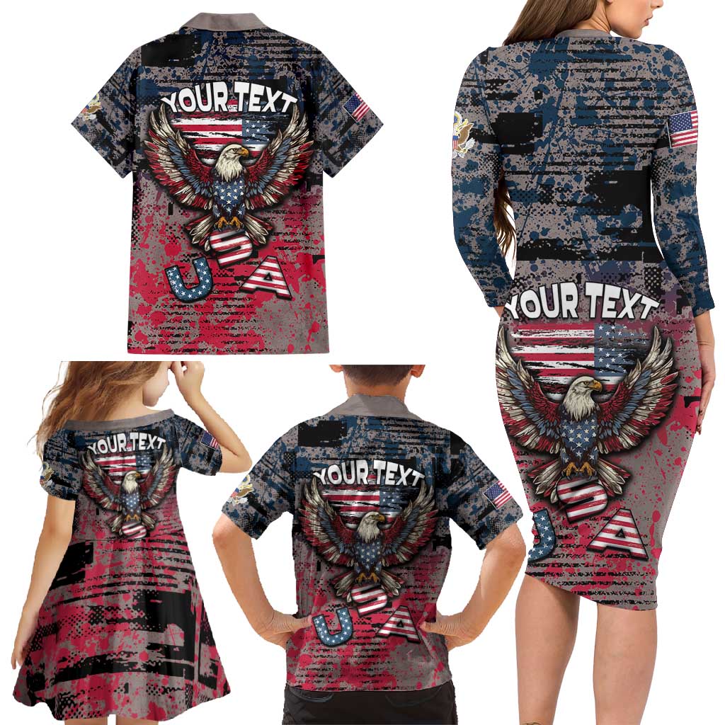 Personalized Patriotic Rebel American Family Matching Long Sleeve Bodycon Dress and Hawaiian Shirt Grunge USA Eagle Flag - Wonder Print Shop