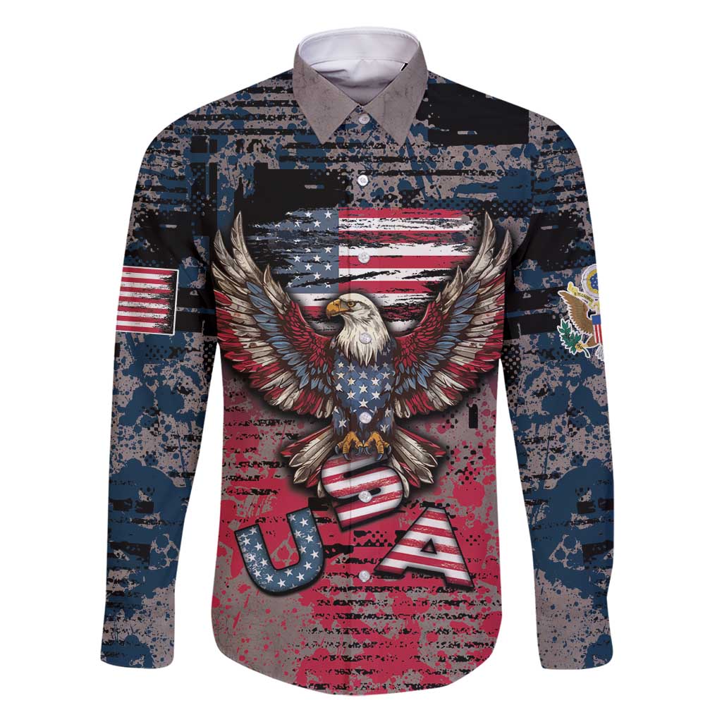 Personalized Patriotic Rebel American Family Matching Long Sleeve Bodycon Dress and Hawaiian Shirt Grunge USA Eagle Flag - Wonder Print Shop