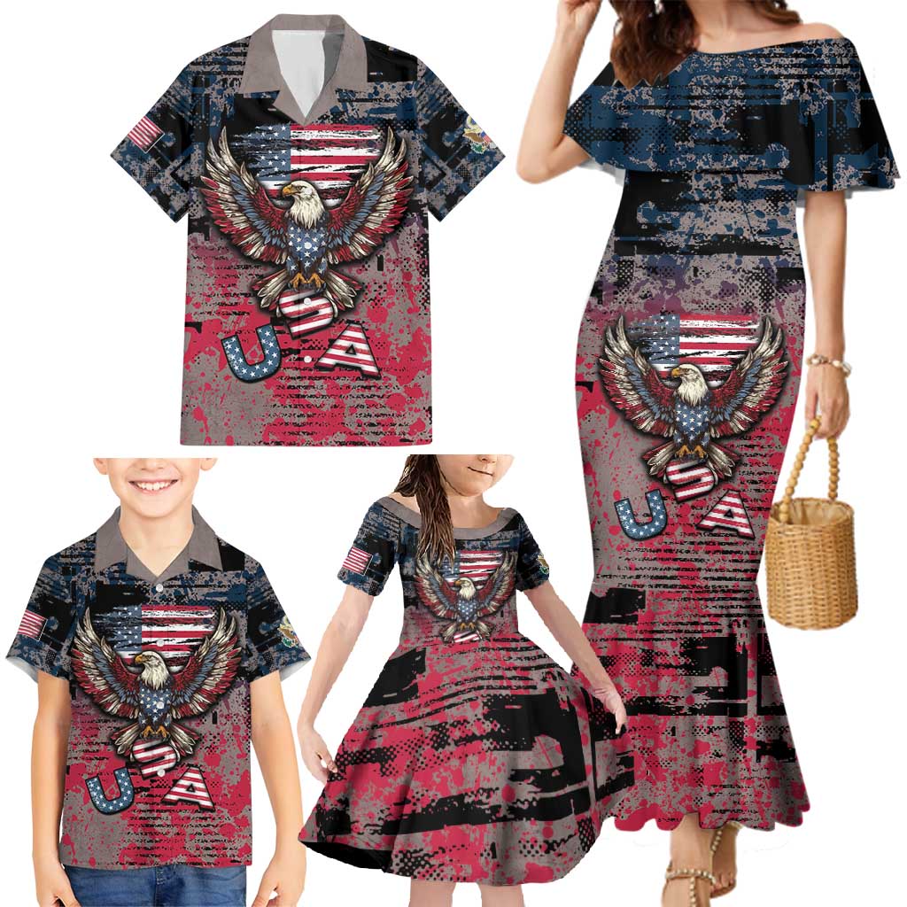 Personalized Patriotic Rebel American Family Matching Mermaid Dress and Hawaiian Shirt Grunge USA Eagle Flag - Wonder Print Shop