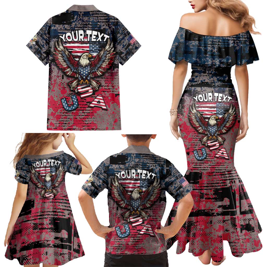 Personalized Patriotic Rebel American Family Matching Mermaid Dress and Hawaiian Shirt Grunge USA Eagle Flag - Wonder Print Shop