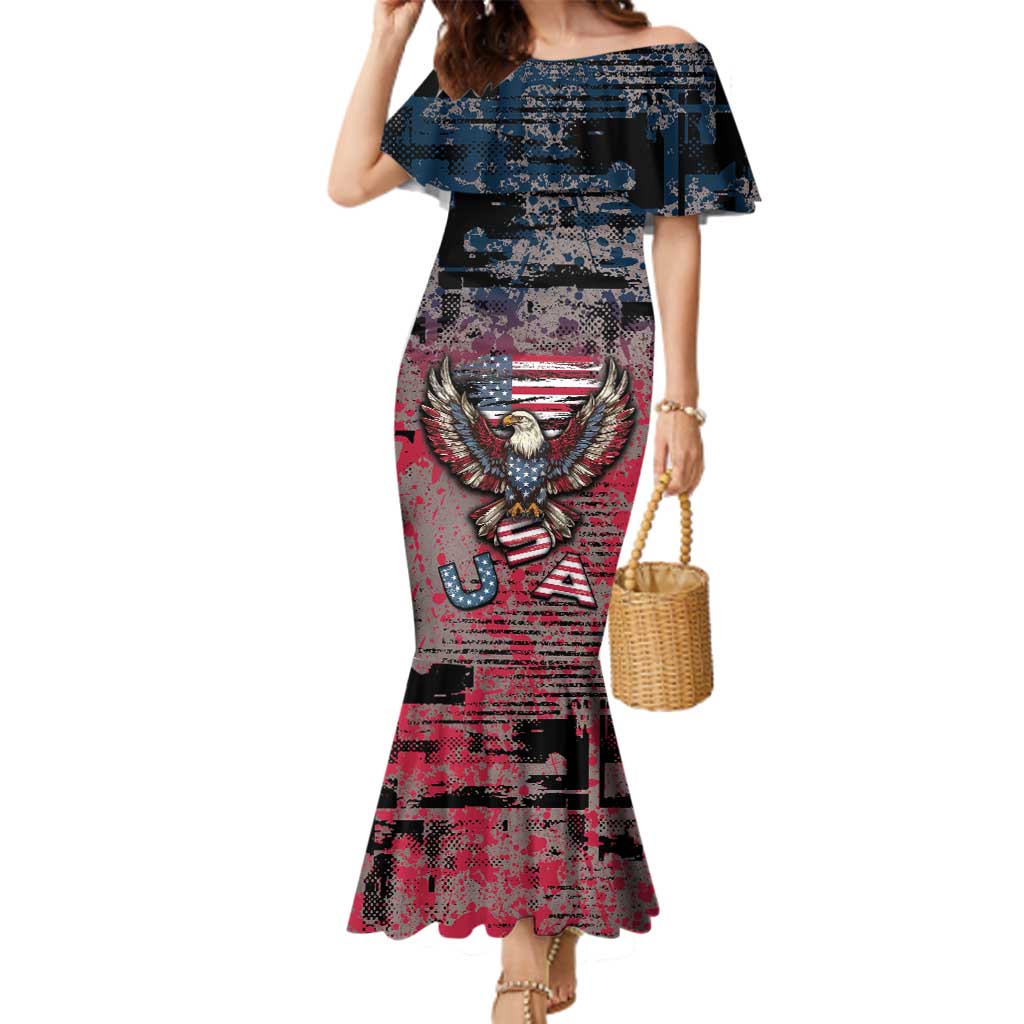 Personalized Patriotic Rebel American Family Matching Mermaid Dress and Hawaiian Shirt Grunge USA Eagle Flag - Wonder Print Shop